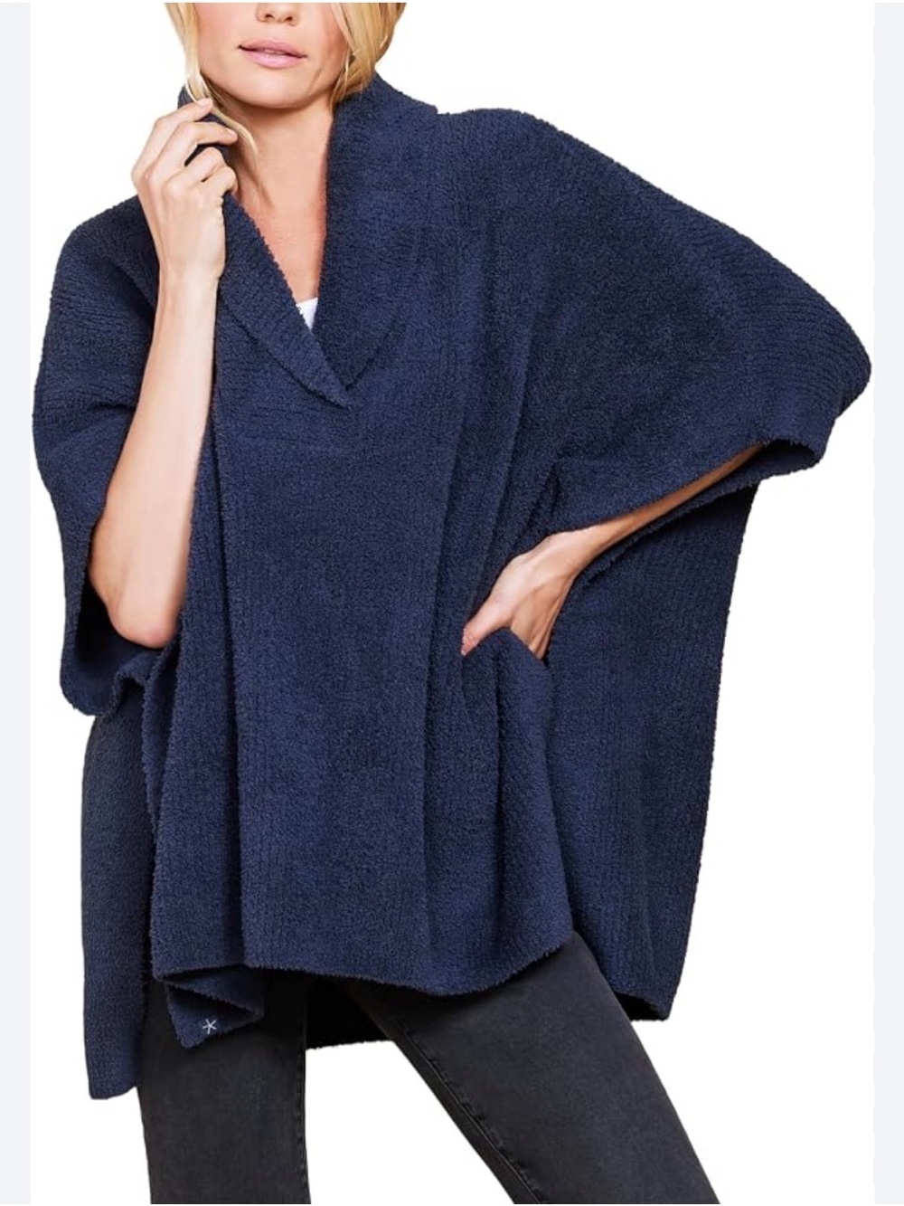Barefoot Dreams Navy Cozy Plush Poncho with Shawl Collar